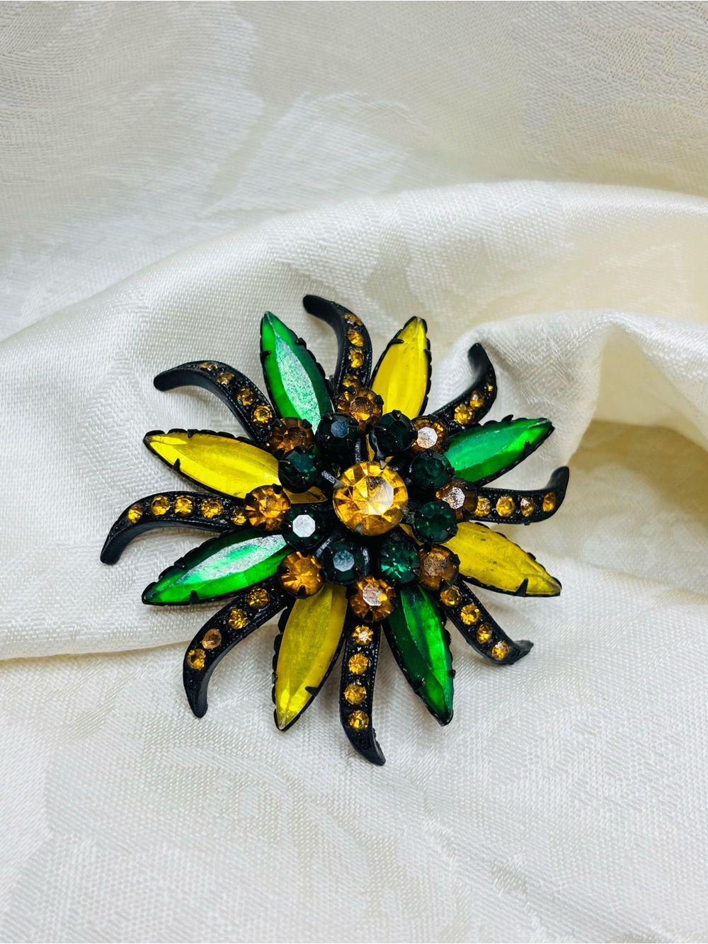 Vintage Selro Selini Brooch Amber Green Yellow Rhinestone